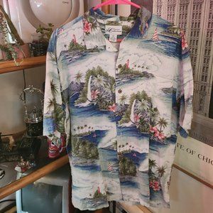100% silk 🌞 Hawaiian 🏝 Hilo Hattie shirt, 🌺 plumeria island motif